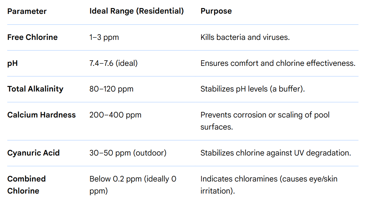 Typical Parameters for Swimming Pools